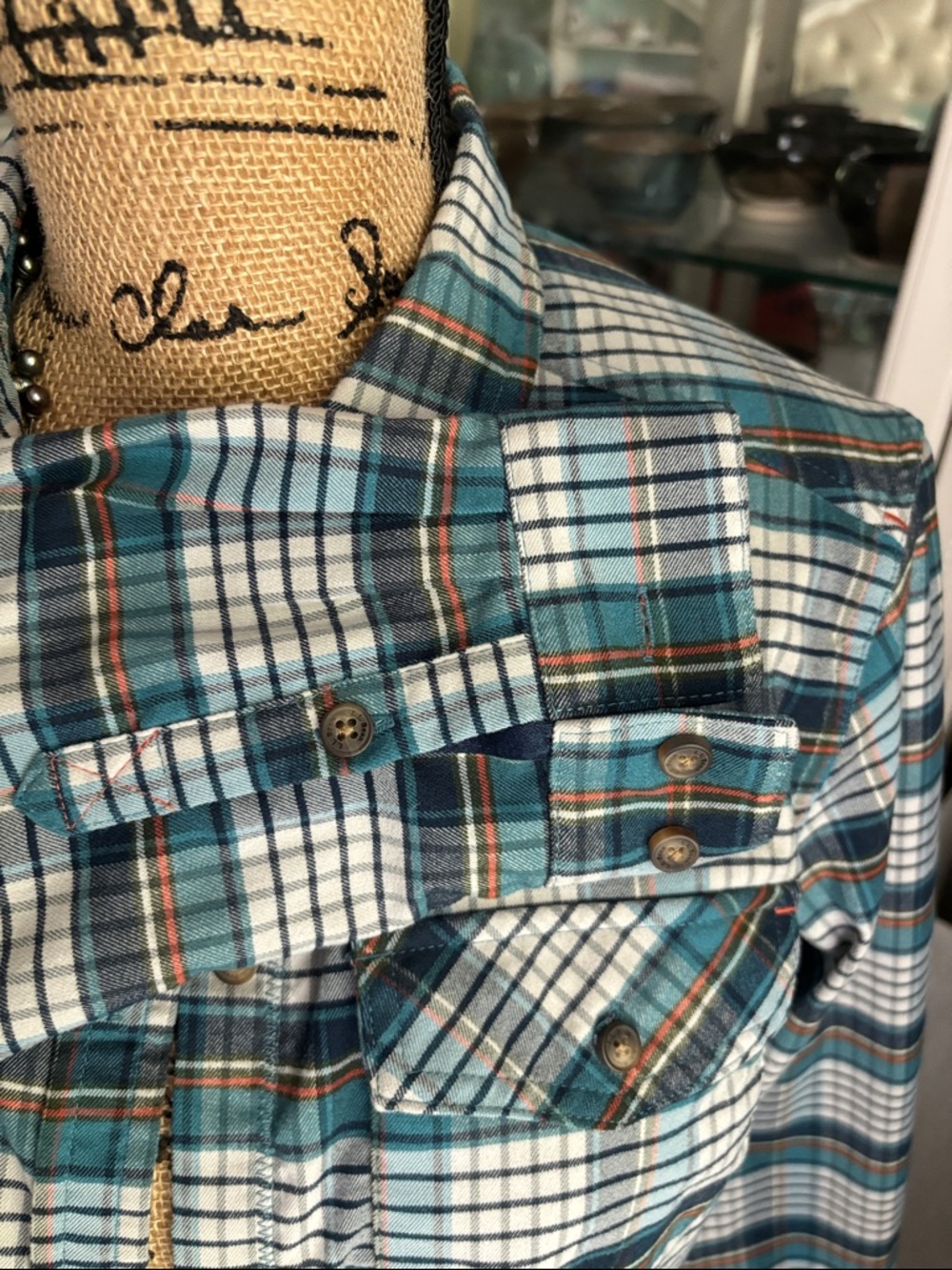 L.L. Bean Teal, White & Blue Plaid Flannel Button-Down Shirt - Picture 4 of 6
